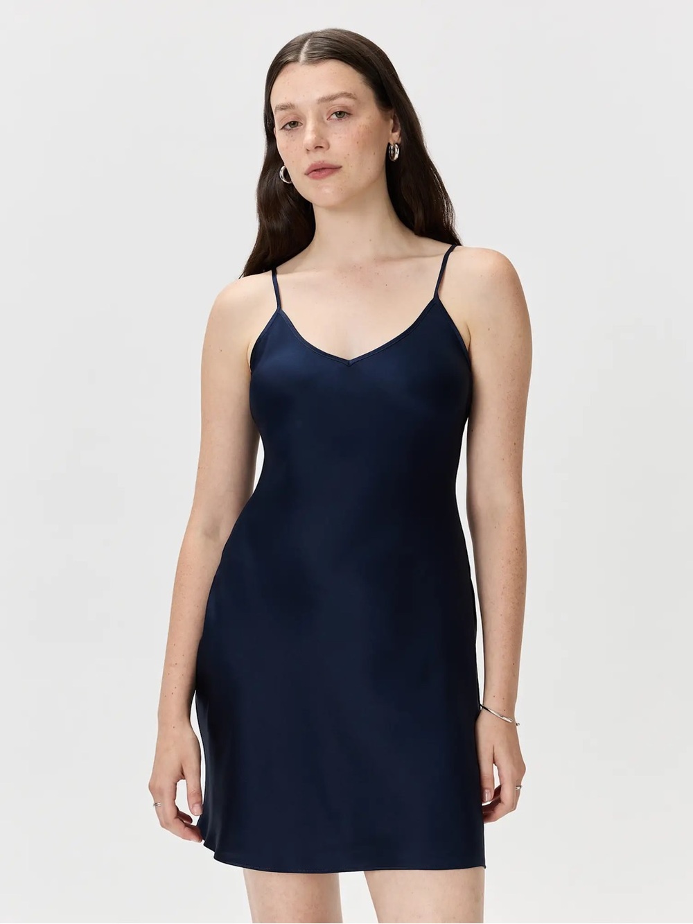 Quince 100% Washable Silk Navy Slip Mini Dress with Adjustable Straps S